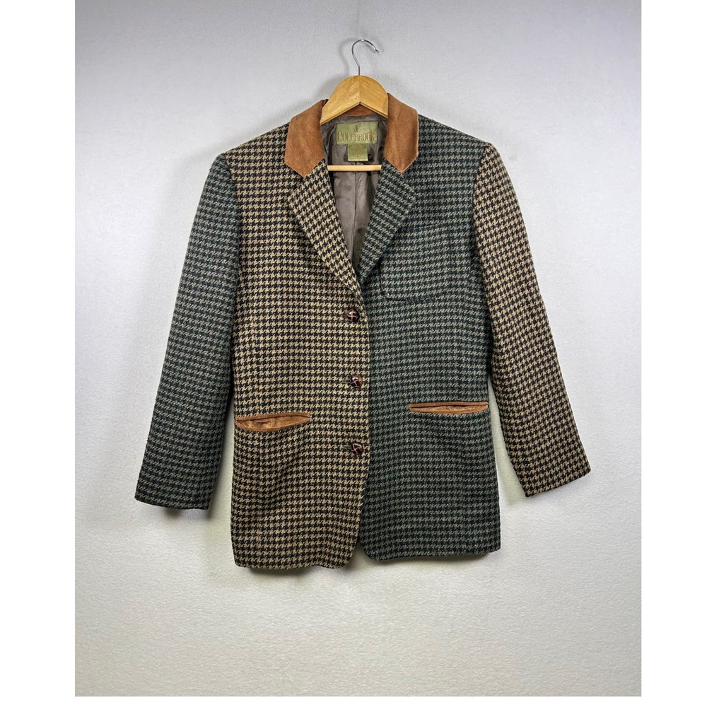 Vintage JL‎ Colebrook Blazer Women 6 Green Tan Houndstooth Wool Blend Suede Trim